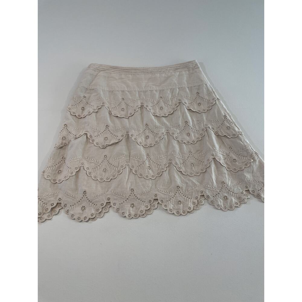 BCBGMaxAzria Sz 6 Beige Skirt Linen‑Like Fabric 100% Cotton Embroidered Detail - Picture 6 of 7
